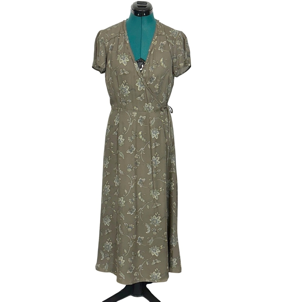 Sundance Wrap Dress 100% Silk Floral Butterfly 8 Olive Green Boho Midi‎